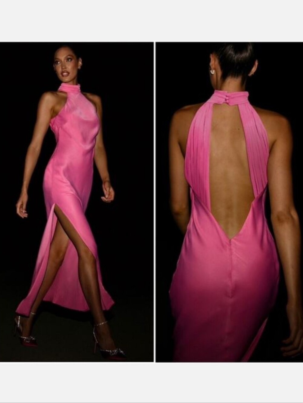 New Meshki Claire Satin Drape Back Maxi Pink Cocktail Dress High Neck Sz Large